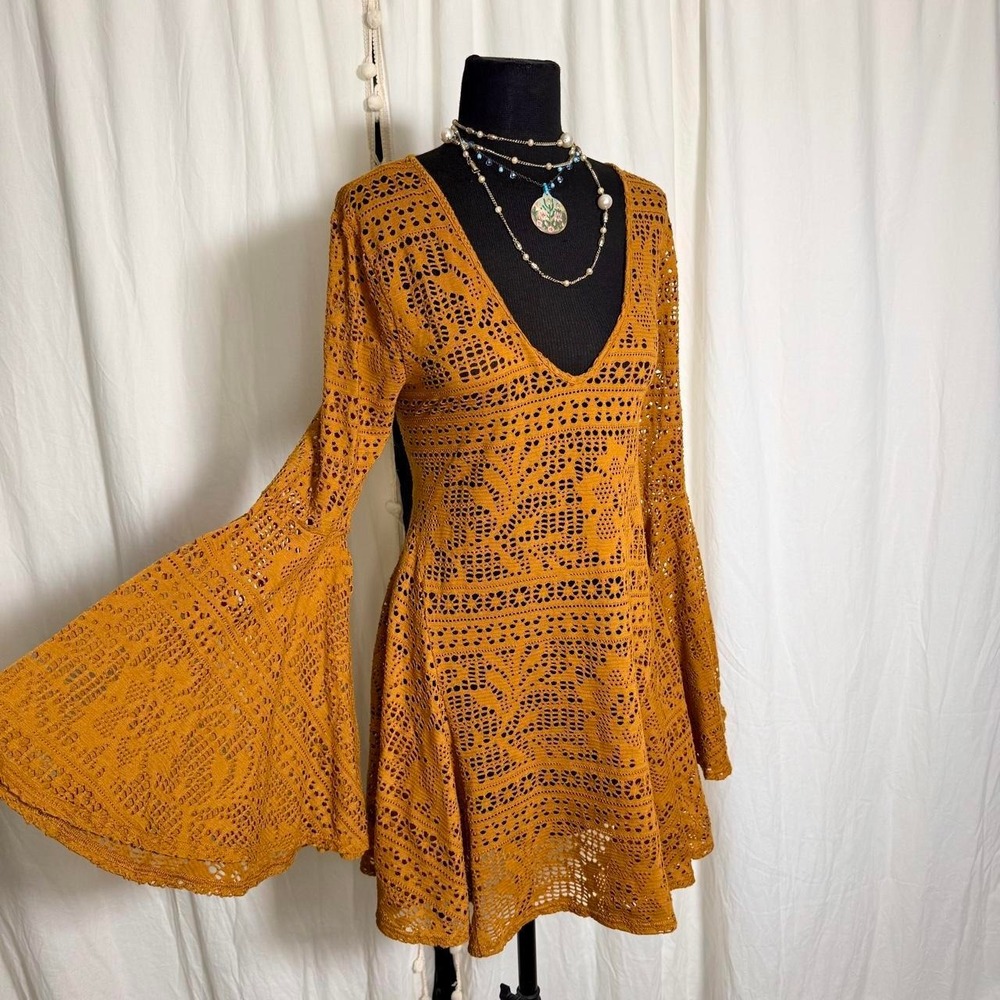 FP Beach Mustard Crochet Bell Sleeve Mini Dress / Tunic | Boho Cover Up -Size L
